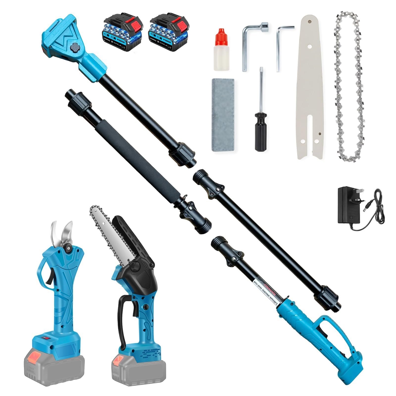 8 Pulgadas Mini Motosierra Telescopica & 30 mm Tijeras de Podar Eléctricas, 4 en 1 Kit de Herramientas de Jardín con 2 * Baterías, Alcance Máximo Hasta 2 m