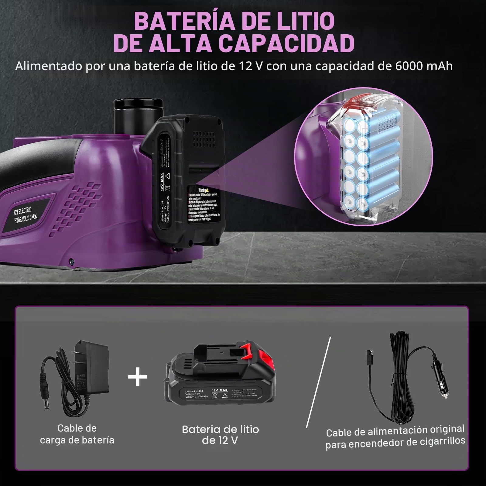 Gato Hidráulico Electrico Coche 5T con Batería 12V 2.0Ah, Altura 15-45cm | con Bomba Inflable y Luz LED, Gato Elevador para Auto/SUV/Camión, Cambio de Neumáticos