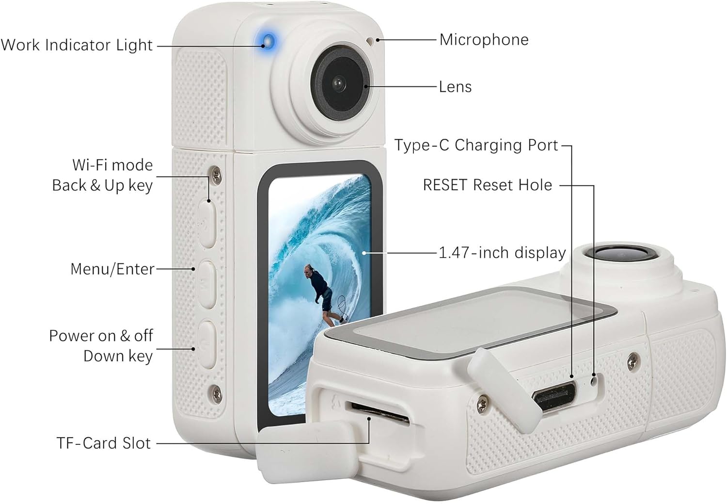 Mini Body Camera with 64GB Storage, 1080P Pocket Video Recorder with 180° Rotating Lens,Thumb Size Wearable Body Cam with Screen,Portable Camera for Outdoor, Cycling, Vlog, Travel (White)