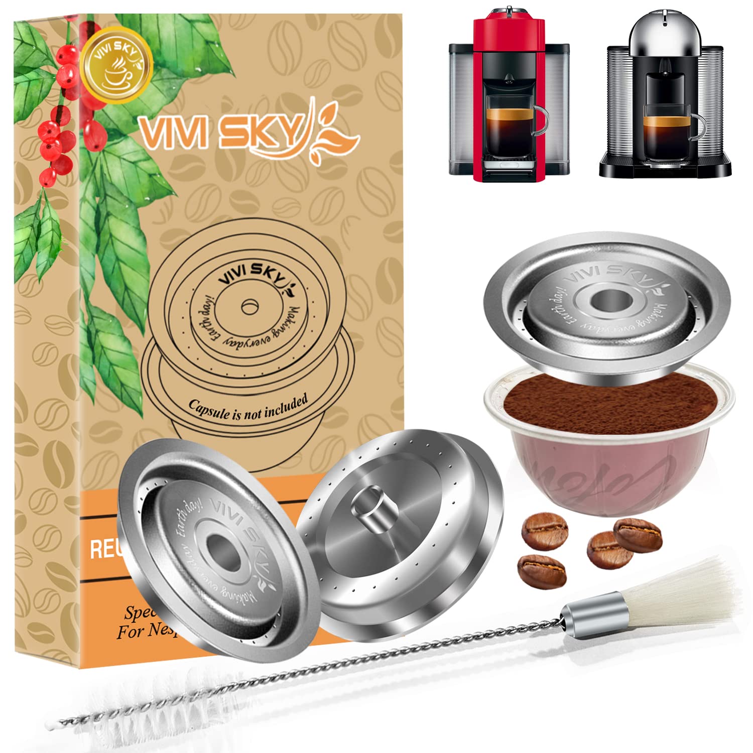 VIVISKY Reusable Coffee Capsules Discs to Reuse Vertuo Pods, Stainless Steel Cap Lids for Vertuo Refillable Pods Fit For Capsule Size 1.35/2.7/5.07/7.77/14 FL OZ (2PCS & Two-ended Brush)