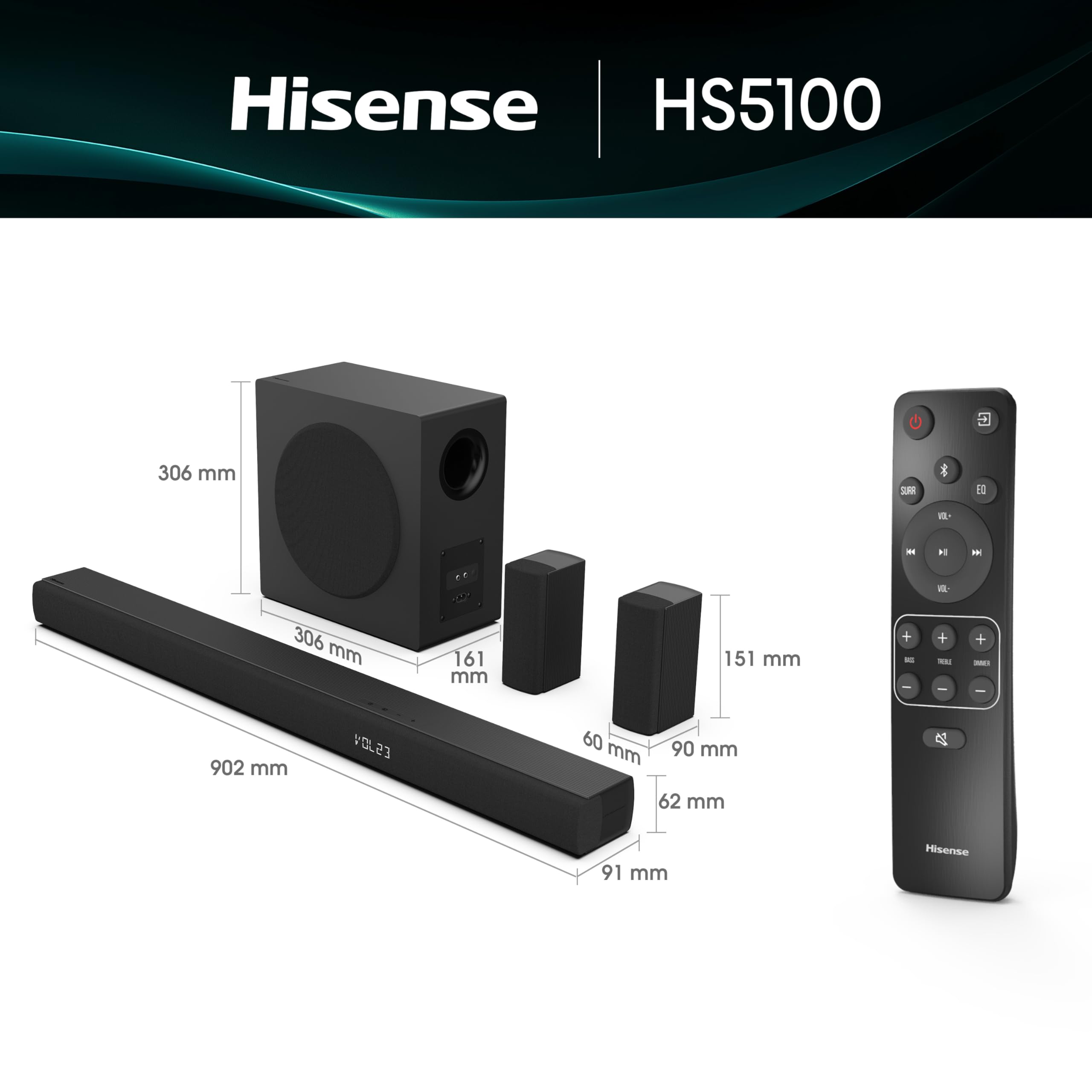 Hisense HS5100-5.1 - Barra de Sonido de Canal con subwoofer inalámbrico de 6.5 Pulgadas, Potencia de Audio máxima de 540 W, Bluetooth inalámbrico 5.3, Alimentado por DTS Virtual:X, HDMI