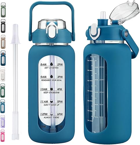 Miniatura 13 de kytffu Botellas de agua de vidrio de 64 onzas con popote, botella de vidrio motivacional de medio galón con funda de silicona y marcador de tiempo