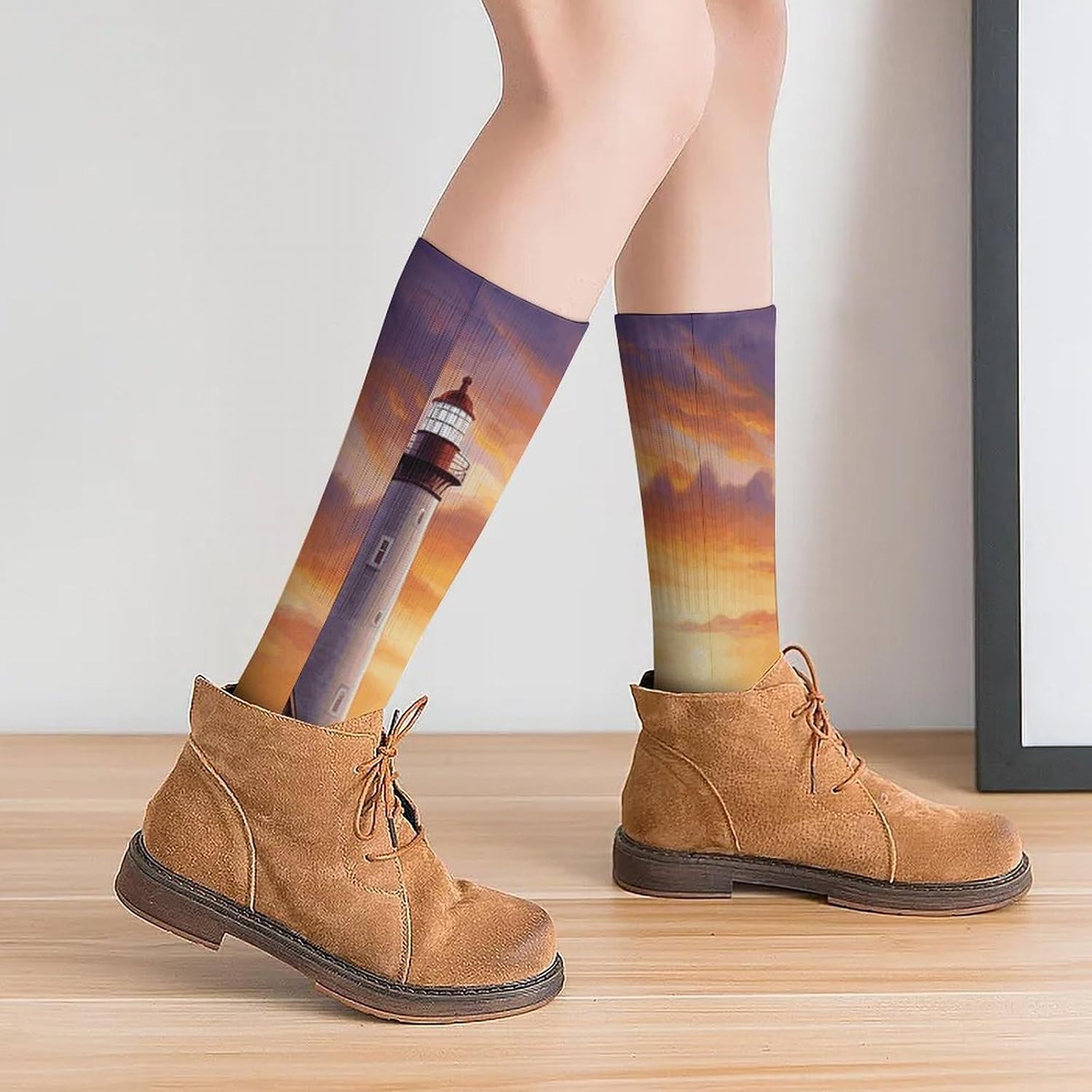 Breathable Crew Sock, Moisture Wicking, Athletic Calf Socks, Cozy | Lighthouse at Sunset Compression Socks for Women Men, Lightweight High Work Socks for Business, Casual