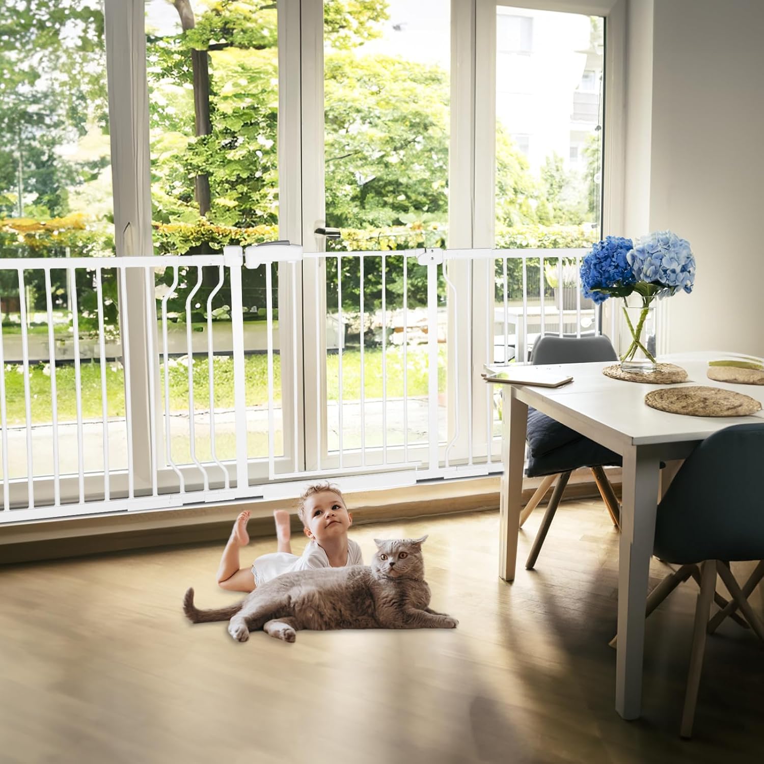 37.4" Extra Tall Baby Gate for Stairs Doorways with Door, 75.8-85" Wide Easy Install Dog Gate Indoor, Safety Metal Pressure Mounted Pet Gate with Walk-Thru Auto Close for the House, White