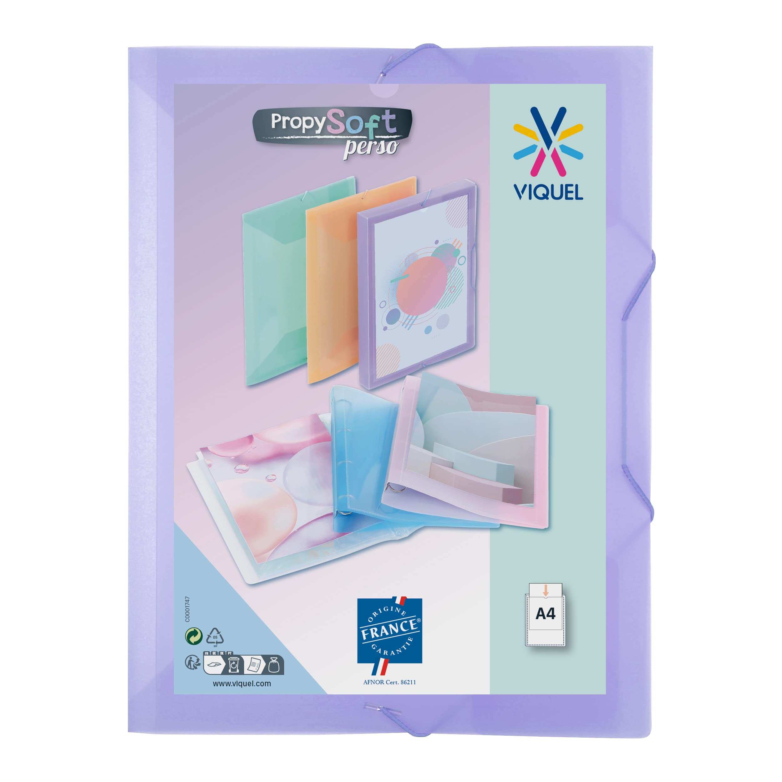 Viquel - A4 Plastic Folder with Flap and Elastic Closure - Customisable Plastic Folder Propysoft - Made in France - Pastel Purple
