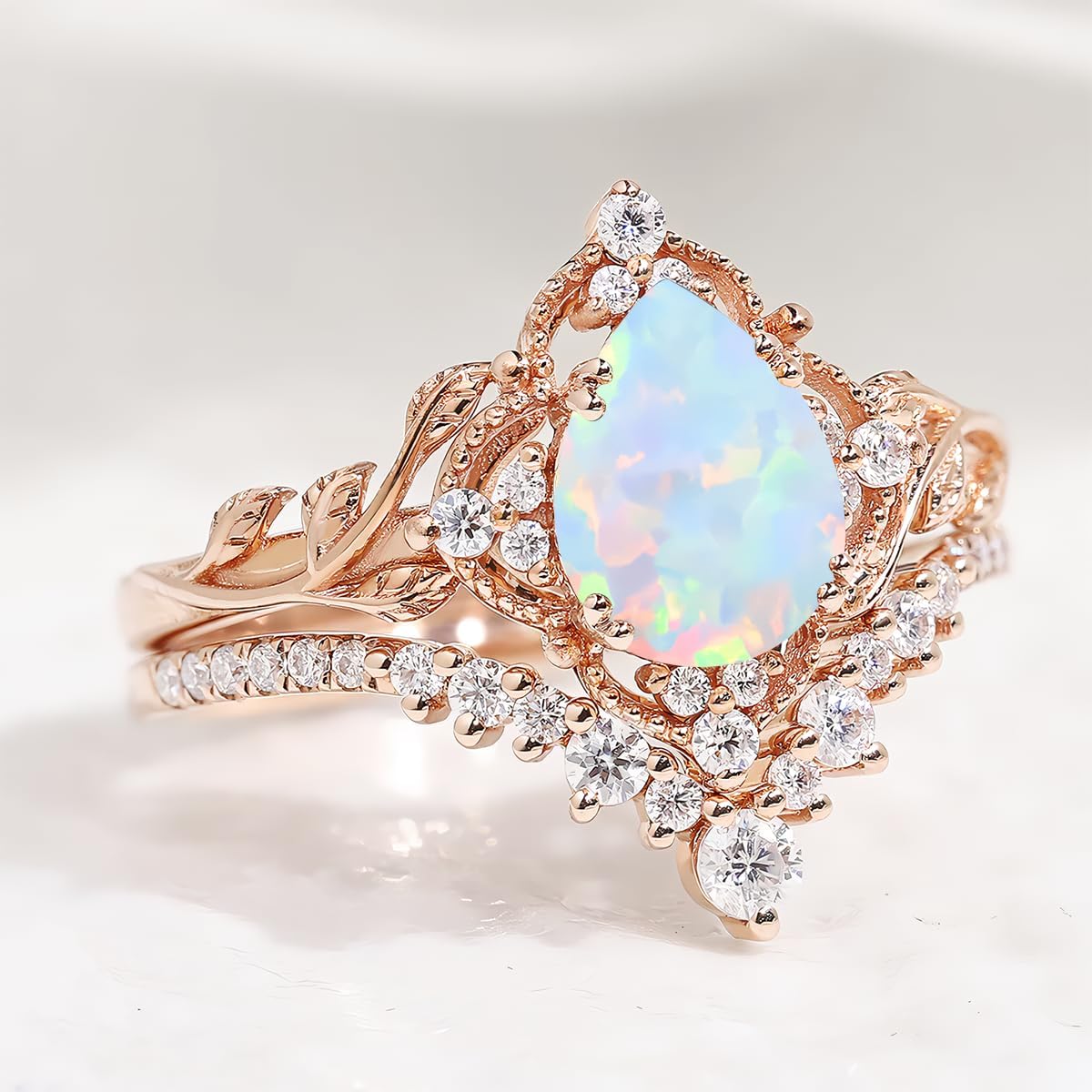 Pear Shape Gemstone Engagement Rings for Women 10K 14K 18K White Yellow Rose Gold Wedding Ring Set Bridal Set 2pcs Leaf V Shaped Wedding Band Anniversary Promise Rings