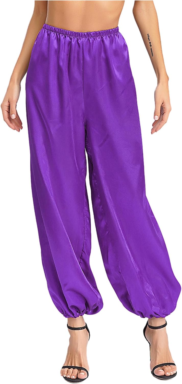 Vxuxlje Women's Belly Dance Costume Silky Satin Loose Bloomers Pants Arabian Princess Fancy Dress