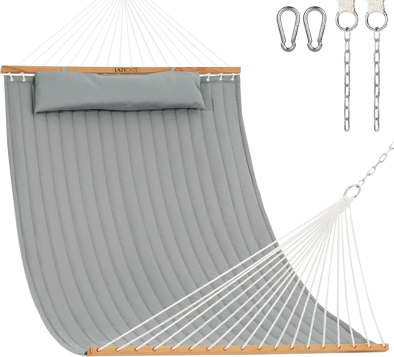 Lazy Daze Hammocks 12 FT Double Quilted Fabric Hammock with Spreader Bar and Detachable Pillow, 2 Person Double for Outside Patio Backyard, 450lbs Capacity, Light Gray