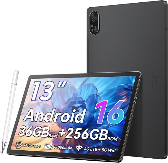 Android 16 Tablet 13-inch Large ScreenBlackview MEGA8 Tablet FDH 90Hz 36GB+256GB+2TB TF Expansion 11000mAh+Fast Charger Included T620 8-Core CPU 13MP/50MP 4G LTE Call+GPS+5G WiFi+BT5.2+Widevine L1