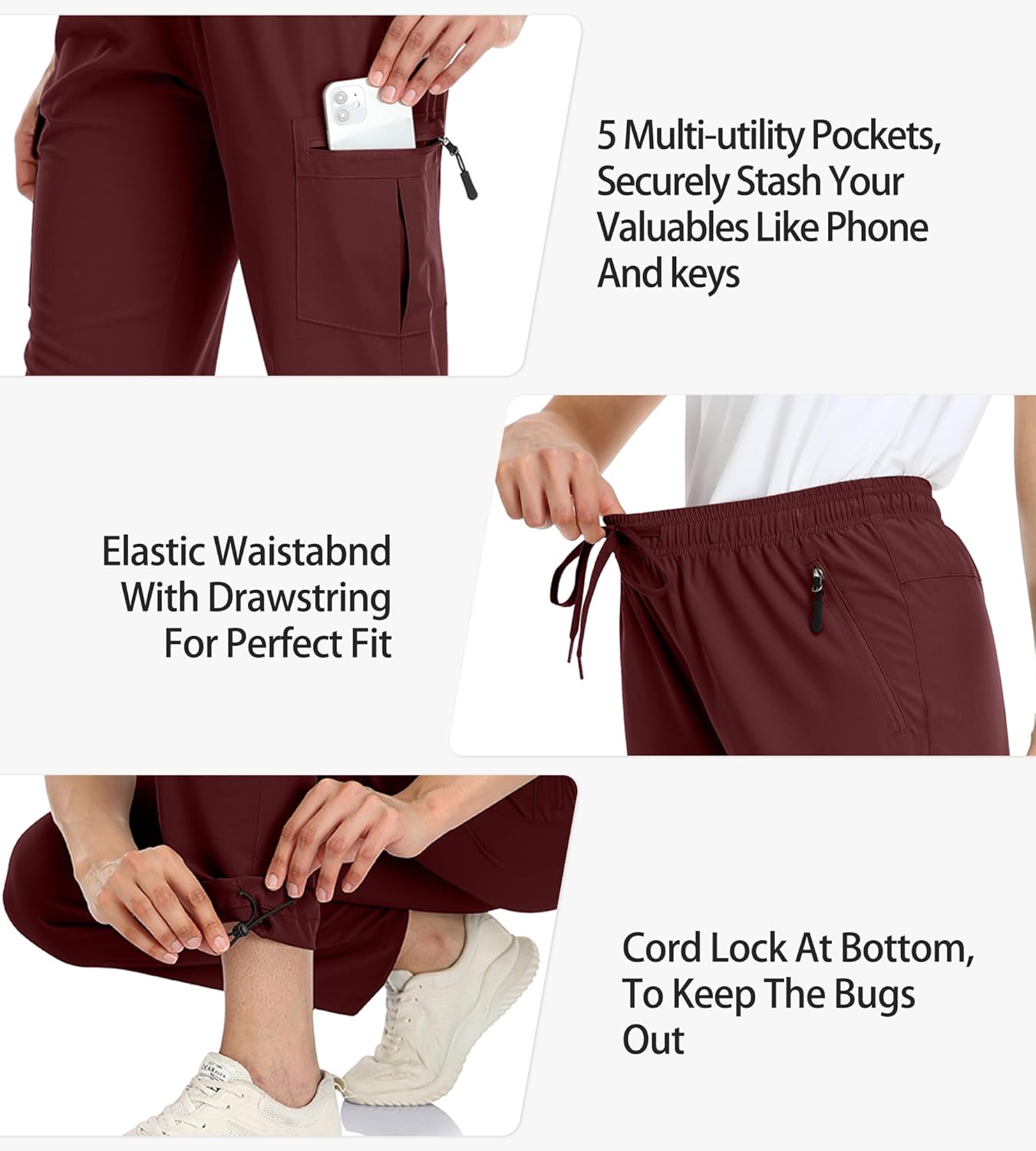 Women's Hiking Capris Pants Dri Fit UPF50+ Outdoor Camping Travel Capri Elastic Waist Drawcord Active Joggers Capris