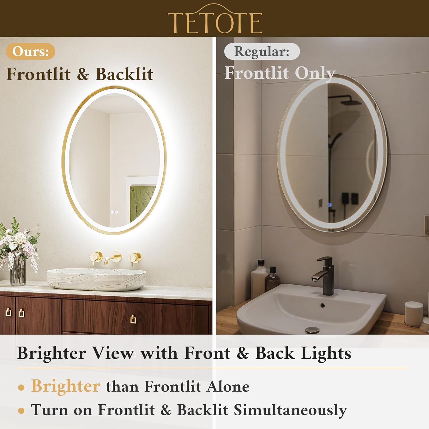 TETOTE Gold Oval Led Mirror with Lights 20" x 28" Metal Framed Oval Lighted Bathroom Vanity Mirror Wall Mounted, Front and Backlit 3 Color Stepless Dimmable Anti Fog, Shatterproof, CRI 90+