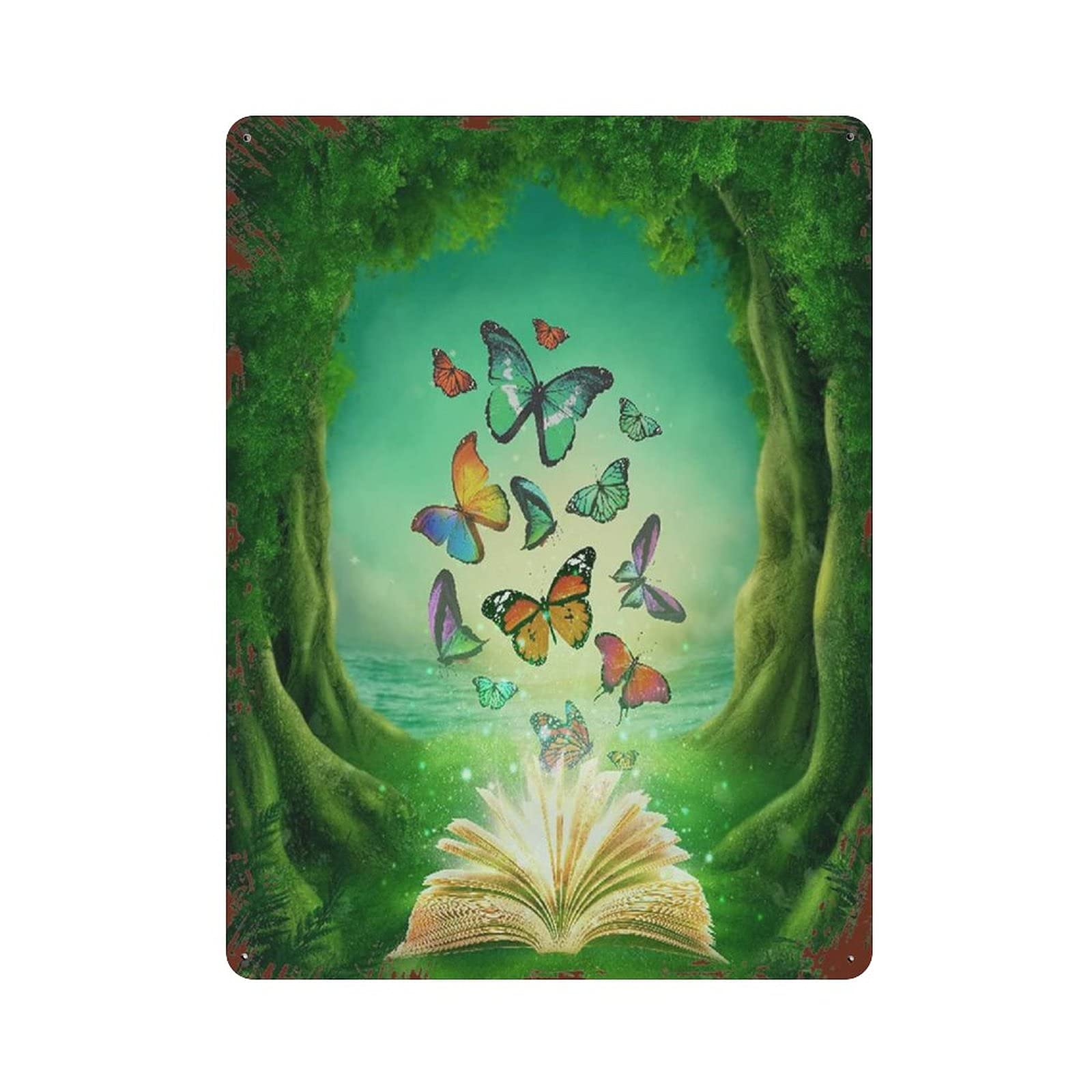 Metal Tin Sign Nature Butterfly Green Vintage Tin Poster Metal Sign Wall Decoration Country Kitchen Home Garage Decor 16"x12"
