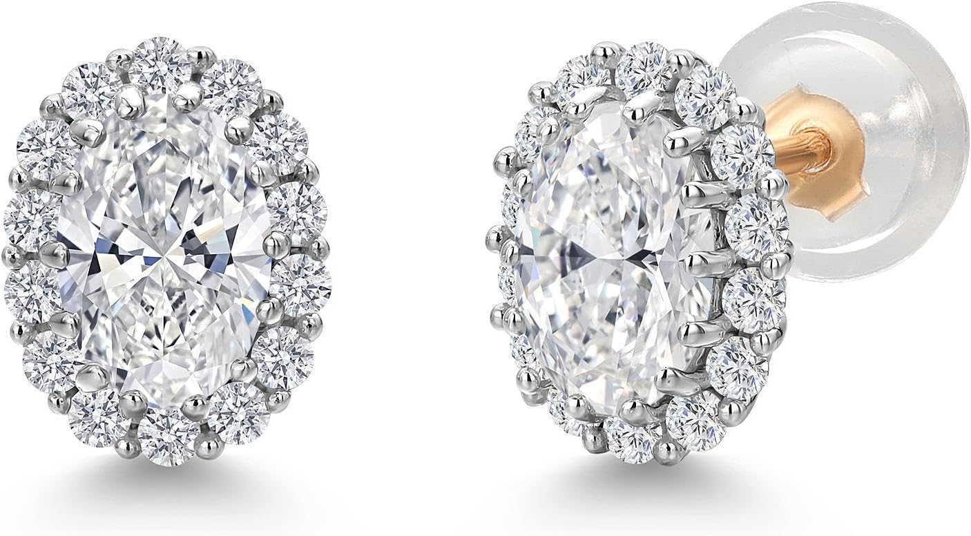 Gem Stone King 10K Solid Gold Post and Sterling Silver White Lab Grown Diamond Halo Earrings For Women | 1.02 Cttw | Oval 6X4MM | Fine Jewelry Gifts for Her Mom Women Wife