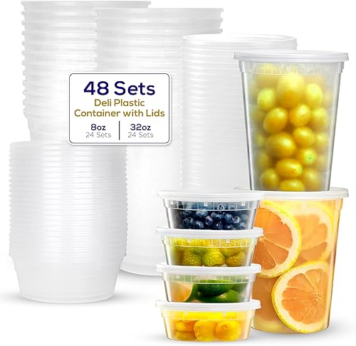 Supreme Deli Contenedores de almacenamiento de plástico con tapas, 8 onzas y 32 onzas 24 juegos de cada uno 48 paquetes combinados Recipientes