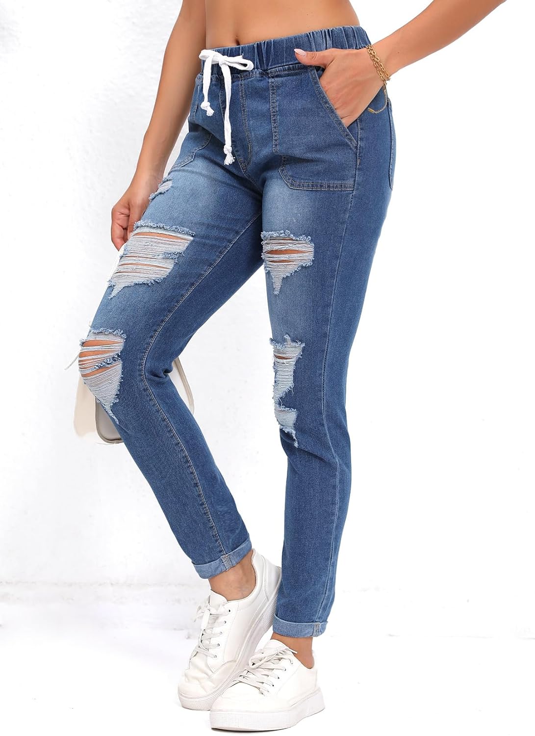 Skinny Jeans for Women Elastic High Waist Stretchy Classic Drawstring Slimming Jeggings Ripped Denim Trousers Pants - Image 2