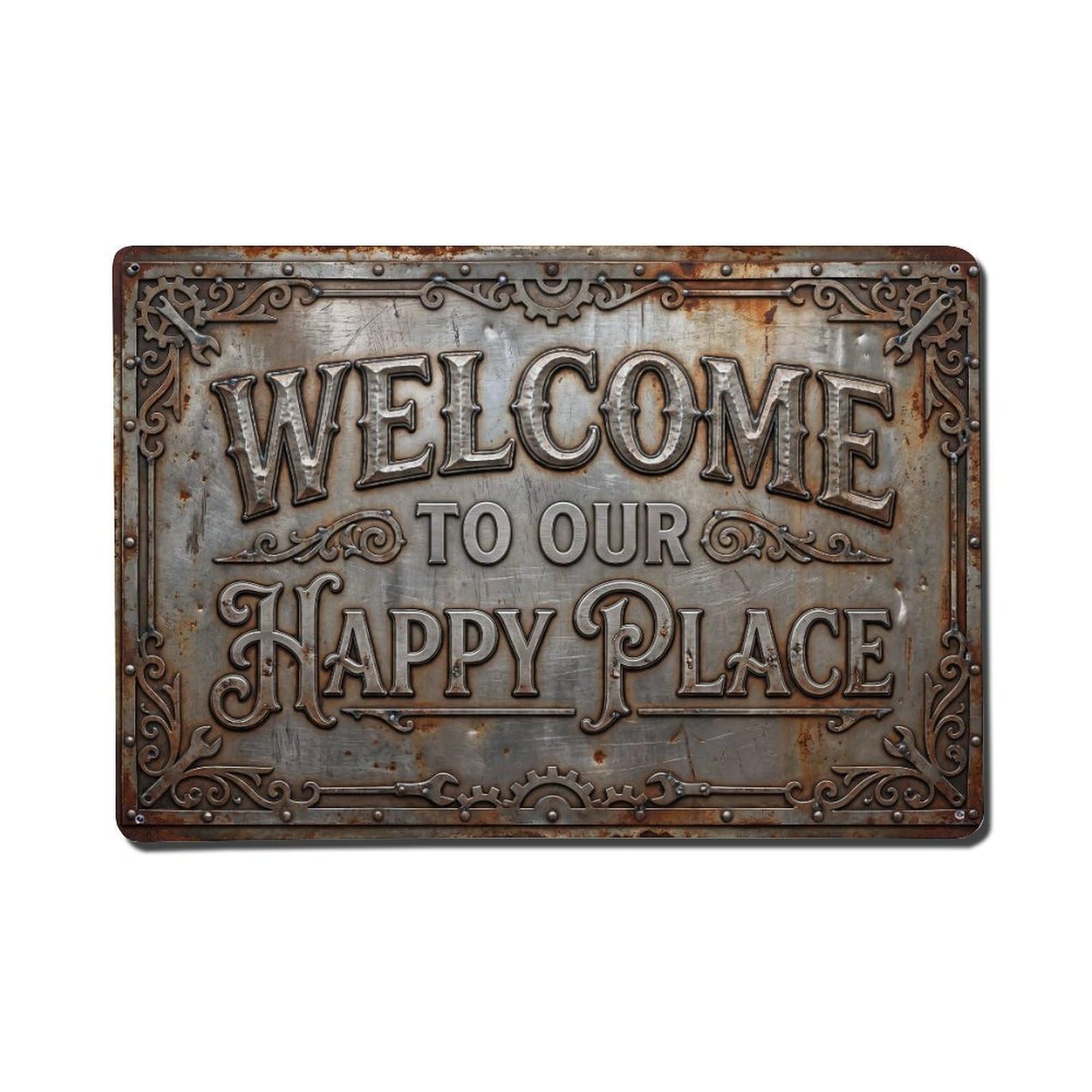 Okngb Style Adze Tool Welcome Happy Place Country Garden Texture Metal Tin Sign Plaque Wall Decor For Cafe, Man Cave, Club Bar, Office, Home Garden Round Metal Poster 8X12inch