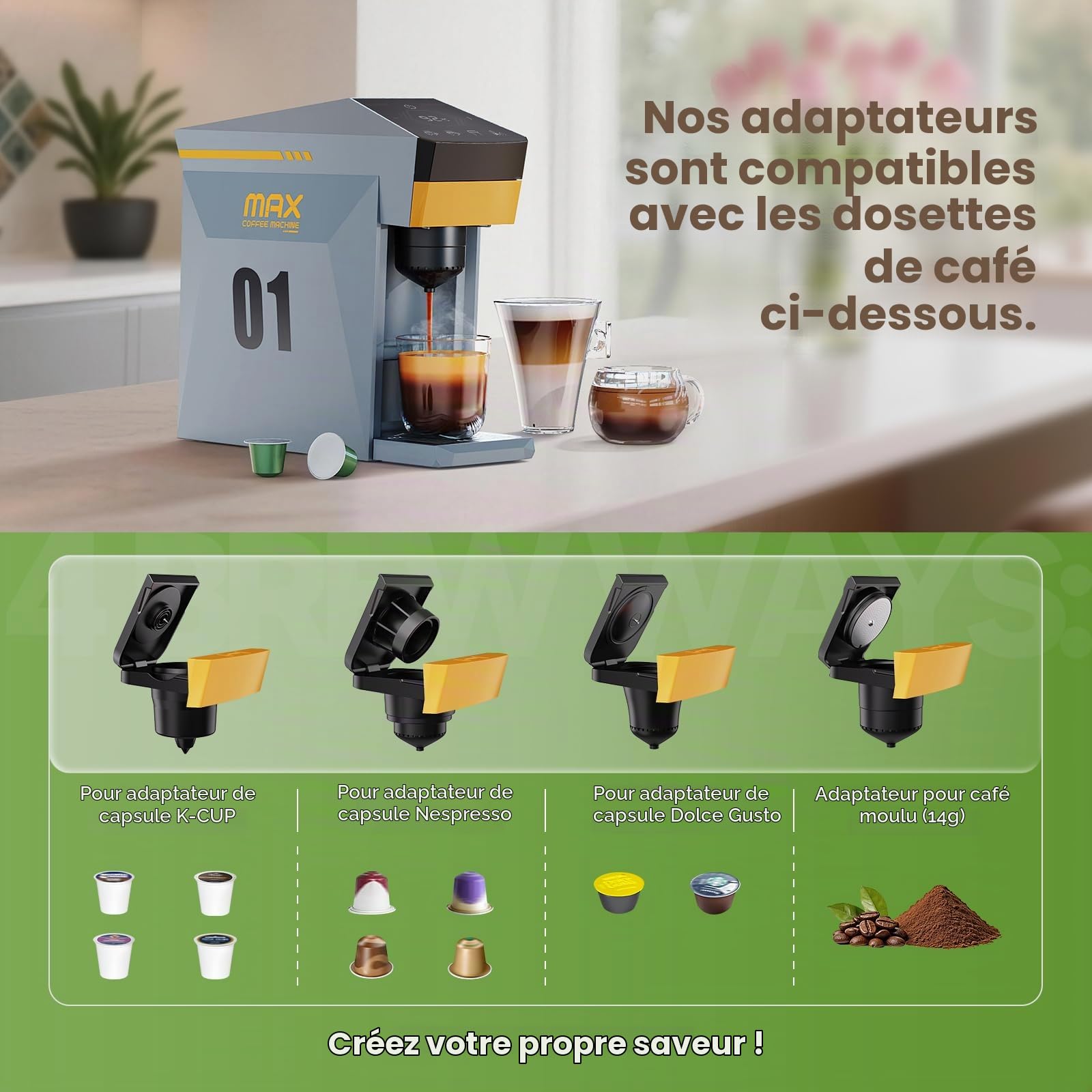 Cafetière 4 en 1, machine à café espresso 19 bars pour capsules KCup/Nespresso OriginalLine/Dolce Gusto/Café moulu, gris nuageux