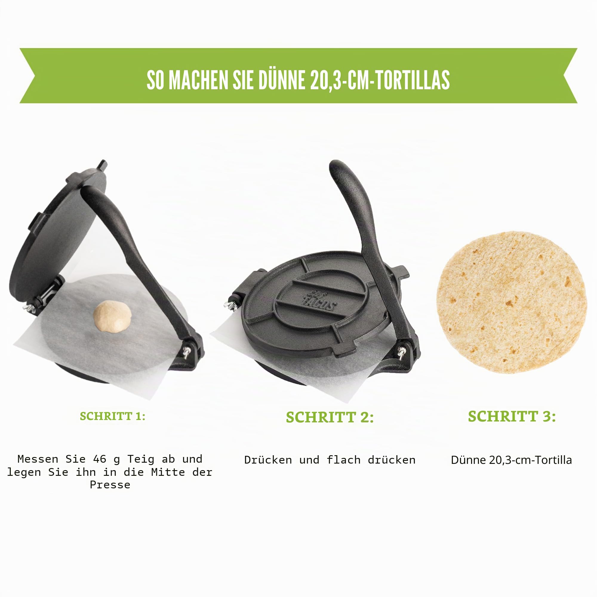 Tortilla Presse 20cm Gusseisen - Taco Presse Roti Maker für Selbstgemachte Tortillas, Fladenbrot & Wraps
