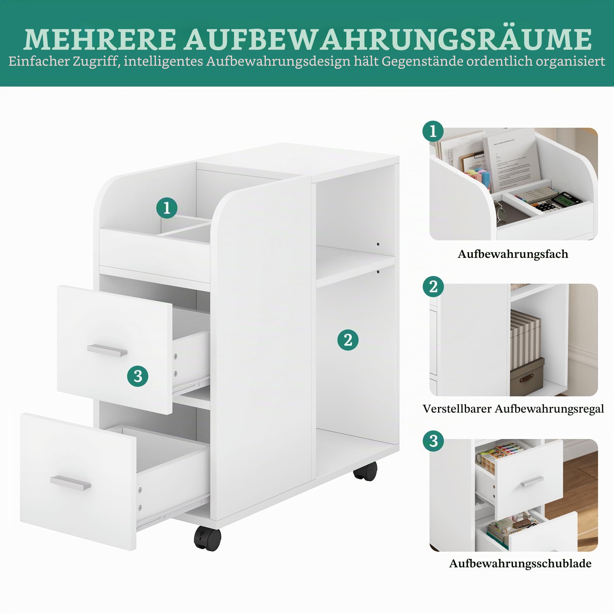 YITAHOME Rollcontainer mit 2 Schubladen, Aktenschrank mit verstellbarem Regal und Ablagefächern, Multifunktionaler Büroschrank Beistelltisch für Wohnzimmer, Schlafzimmer, Büro, Weiß