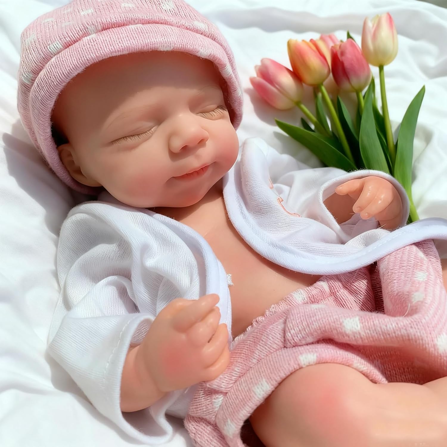 Full Silicone Baby Doll,13 Inch Lifelike Reborn Baby Silicone Full Body Dolls Sleeping Girl Pink Dress