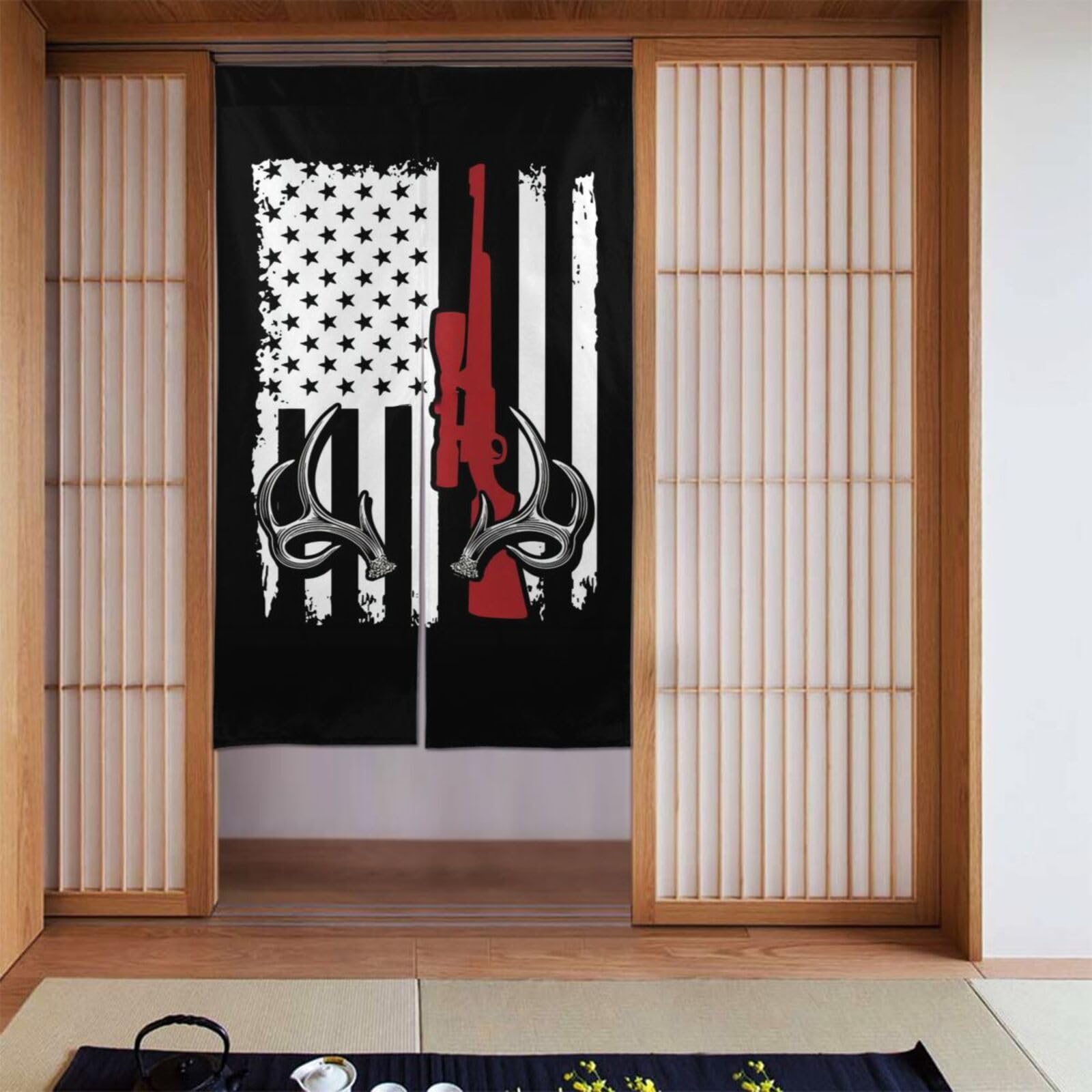 Lukiyys Vintage Deer Hunting American Flag with Gun Door Curtains,Doorways Curtains for Windows,Bedroom Divider 34"X 56"