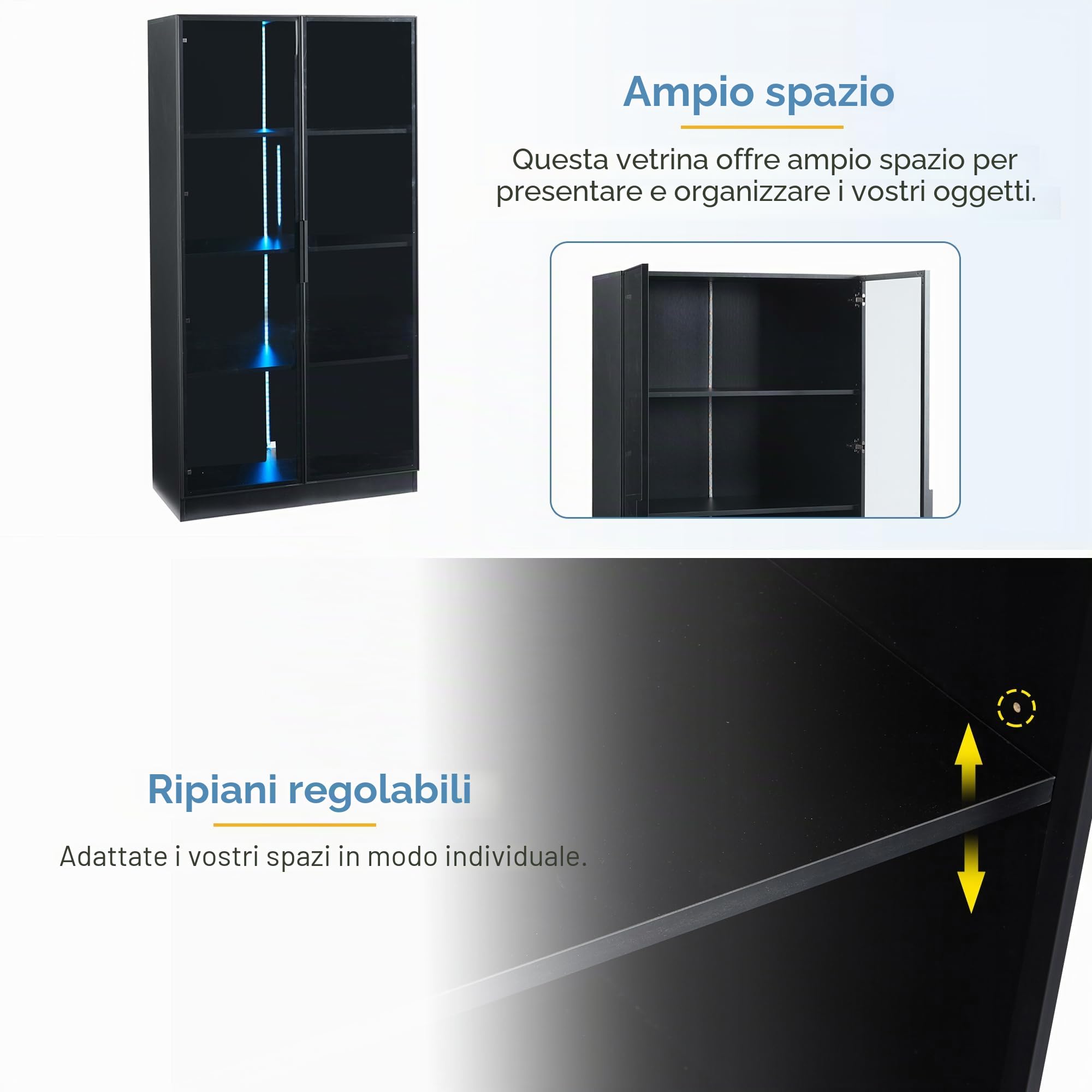 Merax Vetrina in vetro con illuminazione a LED, vetrina in piedi con 3 ripiani regolabili in altezza, doppia ante, per soggiorno, camera da letto, ufficio, nero, 80 x 40 x 160 cm