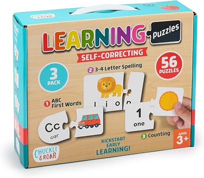 Chuckle & Roar Jigsaw Puzzle Set - 56 Puzzles, Ages 3-5, ABCs, Spelling & Counting - Preschool Learning Activities - Alphabet Learning Toys - Matching Game