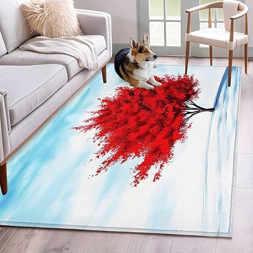 Miniatura 14 de 5x8 Area Rugs, Red Tree Non-Skid Rubber Backing Large Rectangle Rugs - Living Room Bedroom Home Office, Blue Sky Landscape Retro Watercolor Indoor