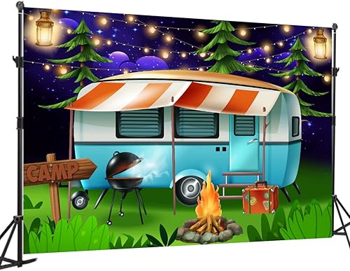 Miniatura 3 de Telón de fondo de camping, temática de camping, fiesta de barbacoa, telón de fondo de fotos Happy Camper Banner Forest Night Photography Backdrops