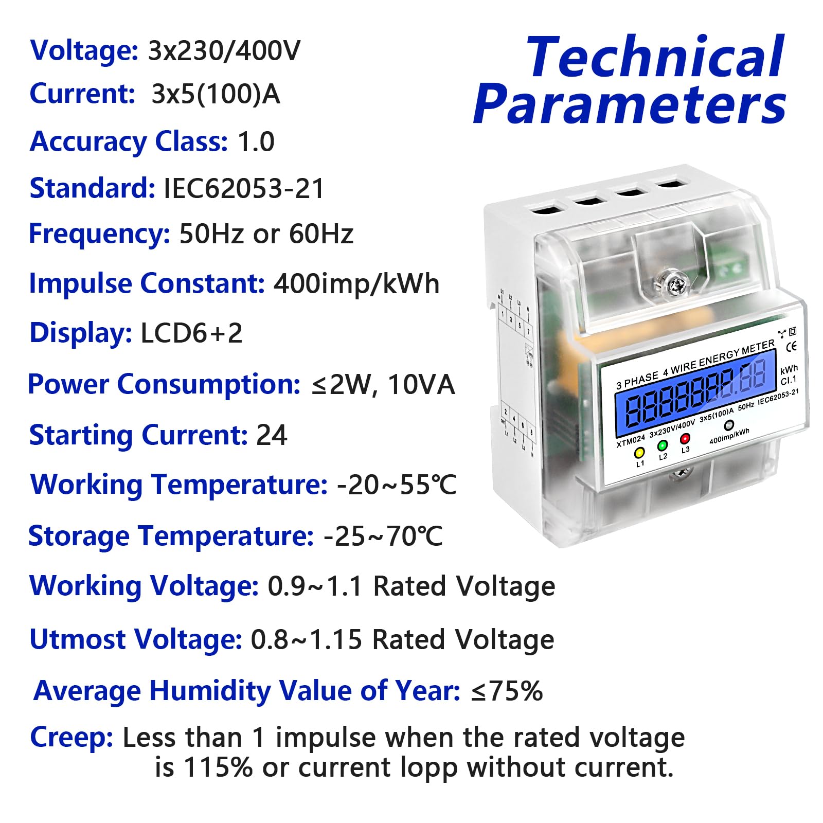 Compteur Electrique Triphasé Numérique Compteur D'Energie Electrique Courant Triphasé 4 Fils Compteurs à Rail Din Compteur Électrique Calibré Affichage LCD 3X230/400V, 3X5(100) A, 400imp/Kwh