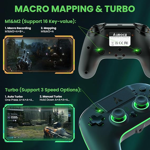 AUROCE Wireless Controller for PS4/PS3/PC, LED PS4 Controller Dualshock 4 Transparent with RGB Neon, ALPS Analog Stick, Hall Trigger, Audio Jack/Speaker, Macro/Turbo - Dark Night