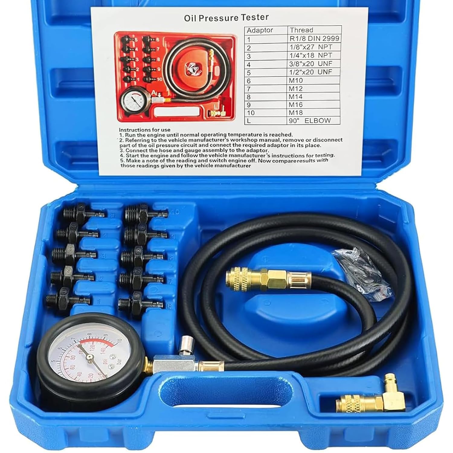 DASBET Öldruckprüfer Öldruckmesser 0–10 bar (0–140 PSI) Motoröl-Drucktester Kit für Zylinder, inkl. Schlauch und Adapter, Öl-Diagnosewerkzeug für Auto, ATV und LKW