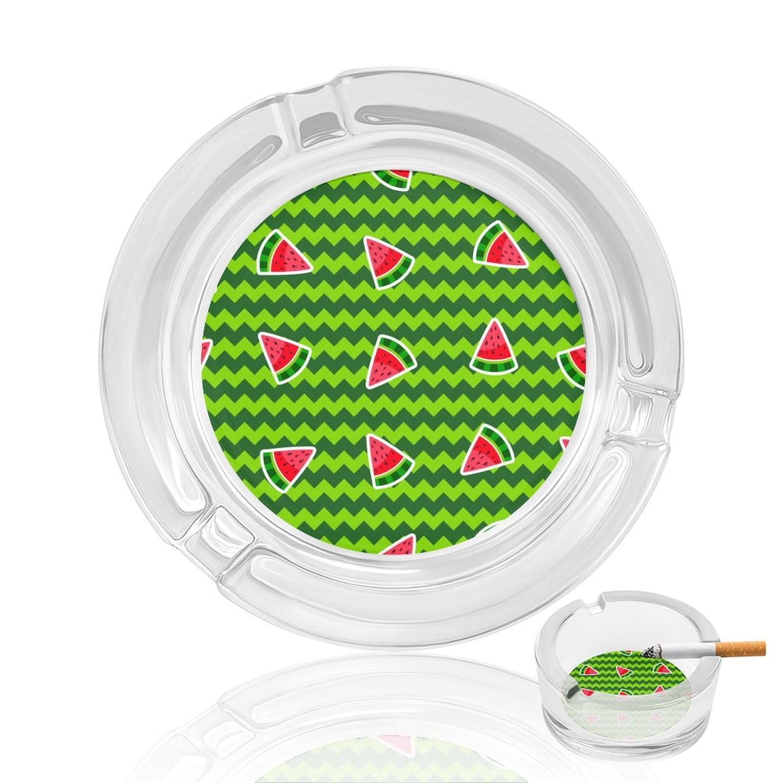 Striped Watermelon Pat Glass Ashtray 3.3 Inch Round Cigarette Ash Holder with 4 Grooves for Home Office Outdoor One Size