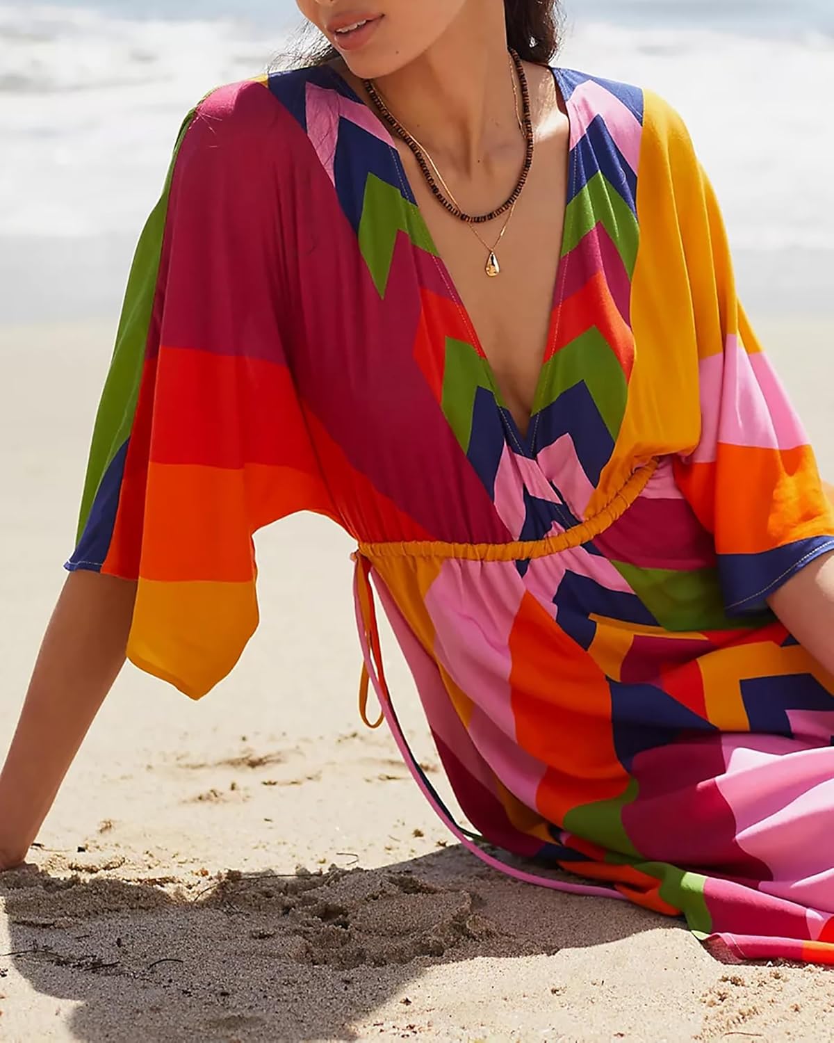 Bsubseach Kaftan Dresses for Women Bathing Suit Cover Up Beach Caftan with Drawstring - Image 2