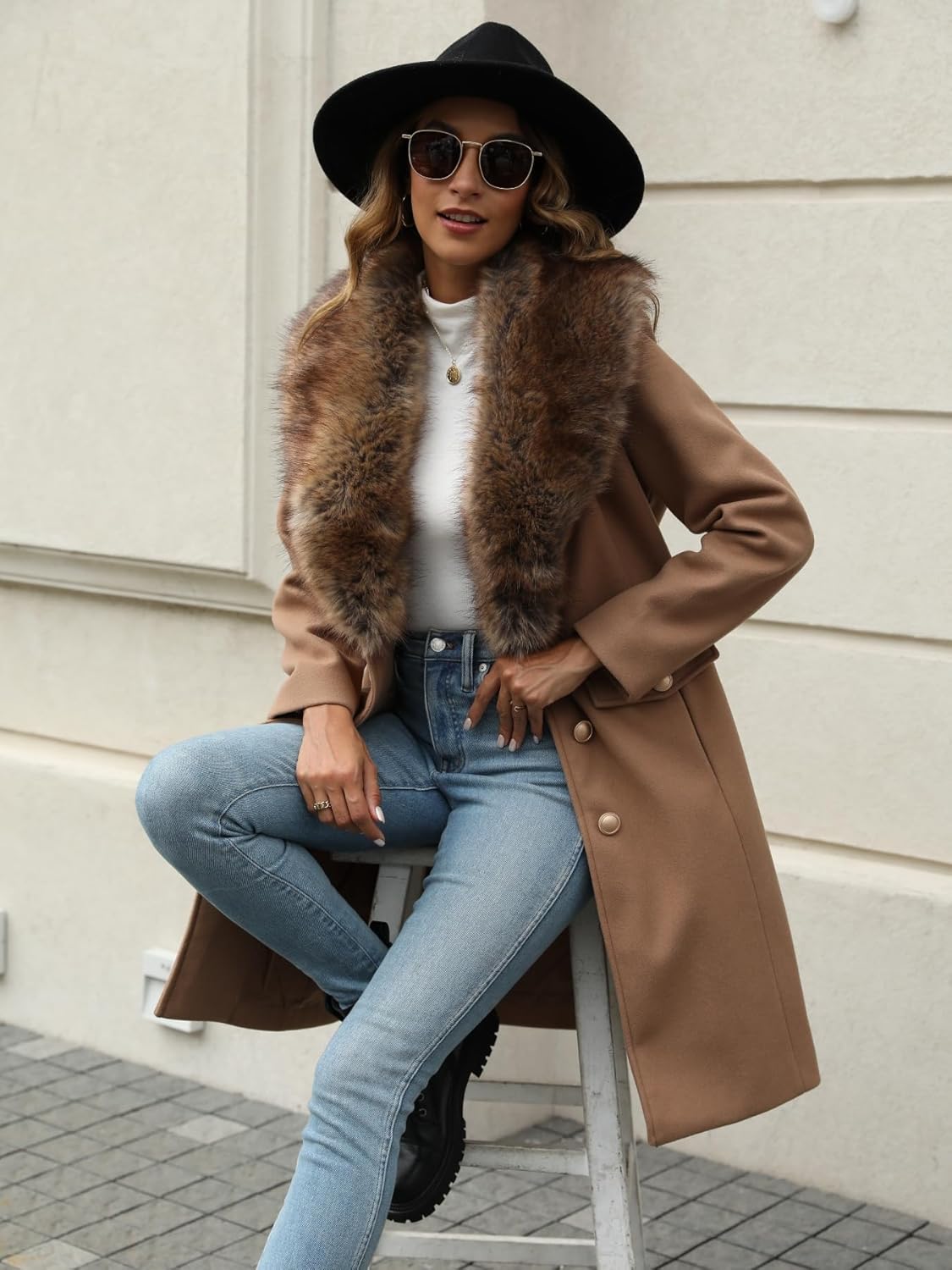 Womens Fur Trench Coat Elegant Jacket Warm Long Fall Winter Overcoat With Fur Collar & Belt - Image 6