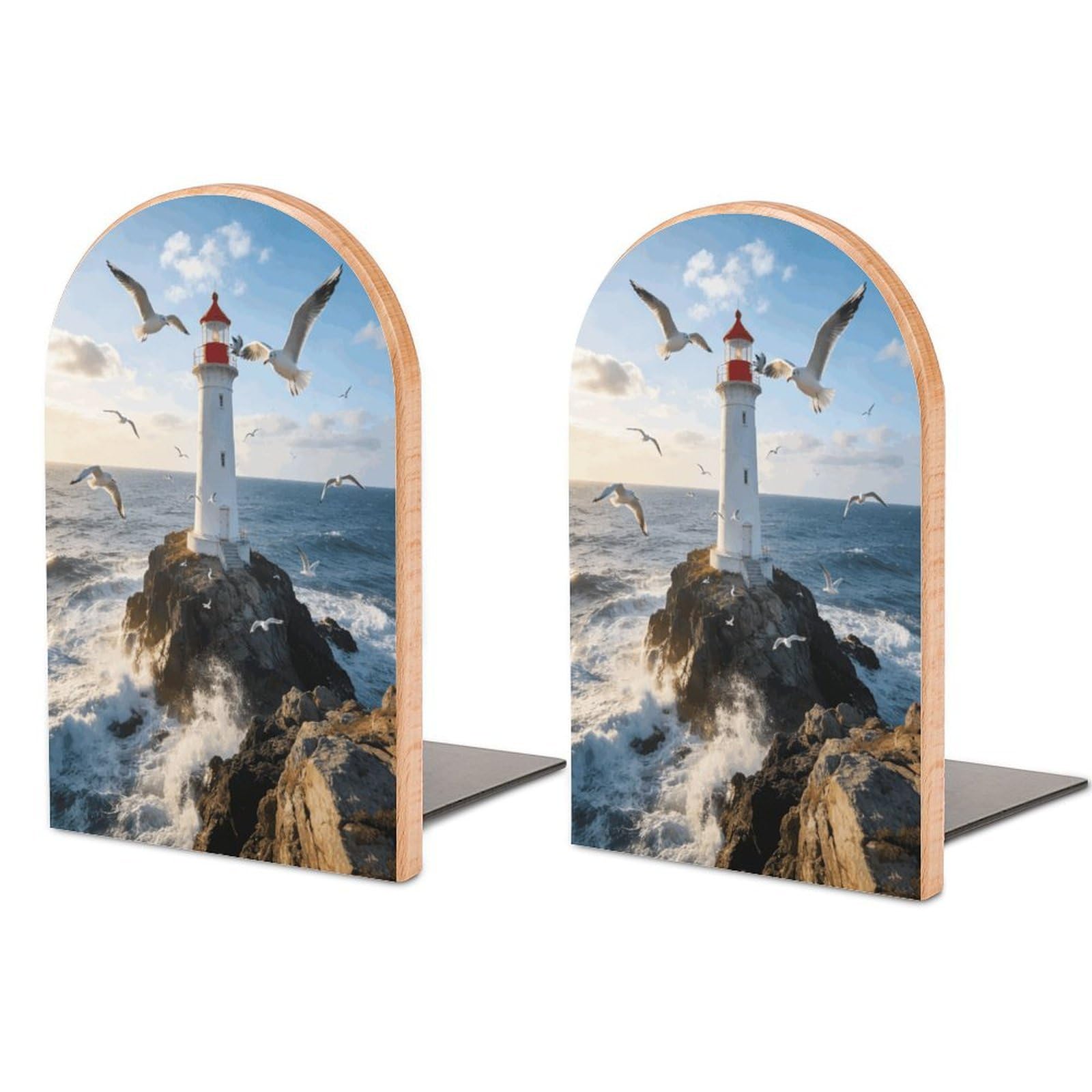 Lighthouse Seagull Book End for Shelves Book Shelf Holder Home Decorative Non Skid Book Stoppers Universal Economy Bookend Wood Handmade Heavy Duty Bookend for Home Office 1 Pair