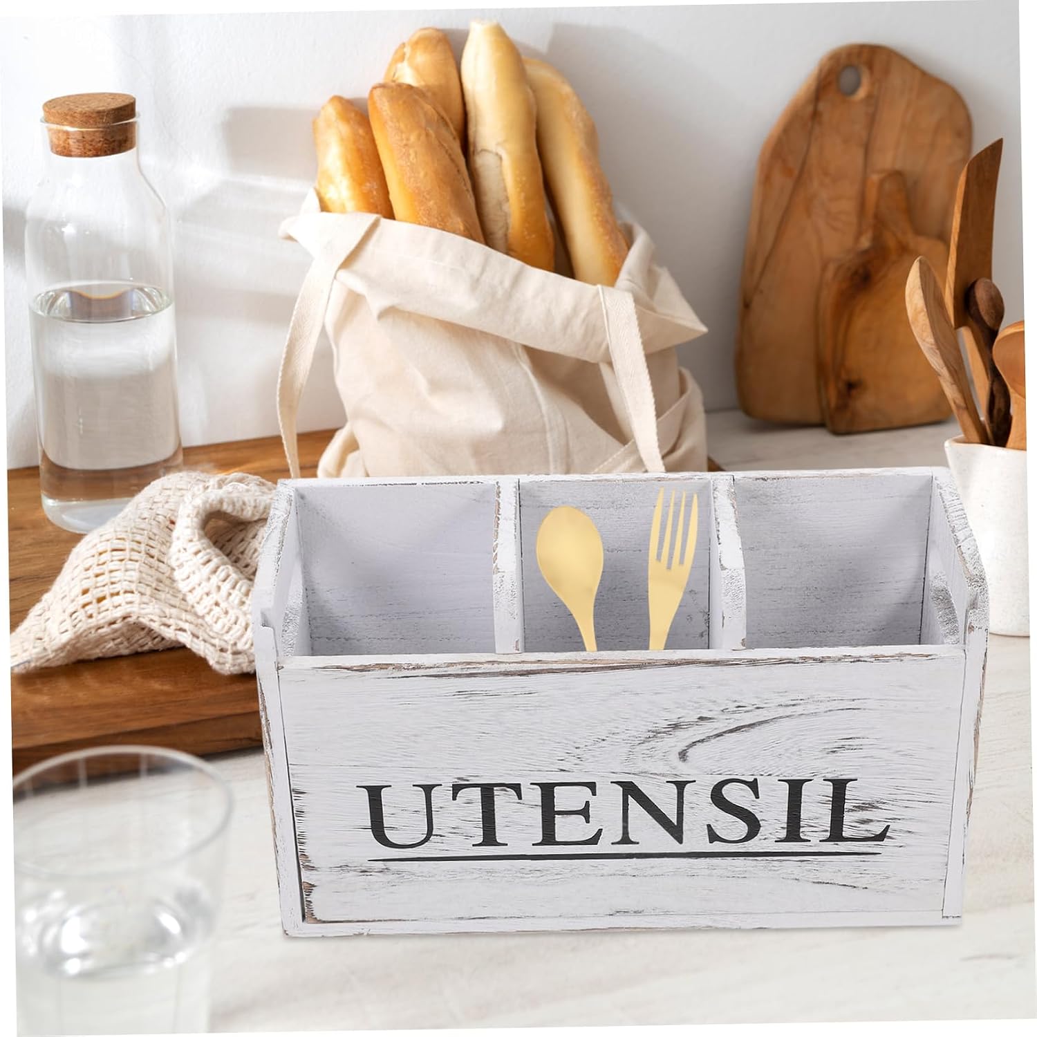 Rustic Wooden Utensil Holder Kitchen Countertop Organizer Silverware Storage Versatile Storage Basket