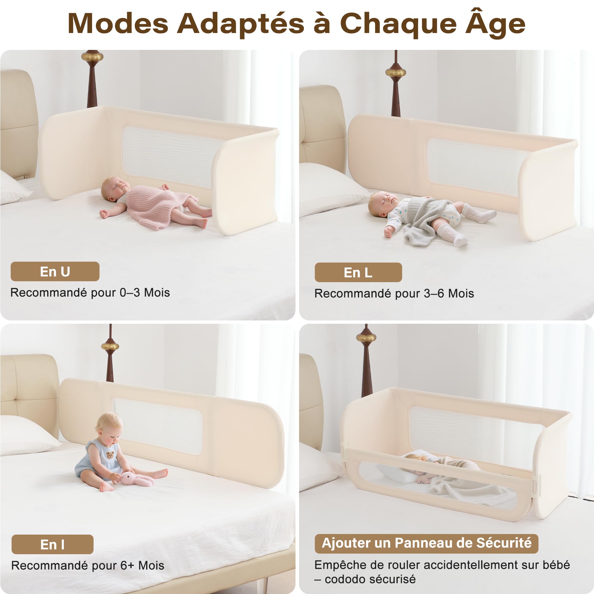 Barriere de Lit Enfant Pliable 2-en-1 185cm avec Sac de Transport, Crème