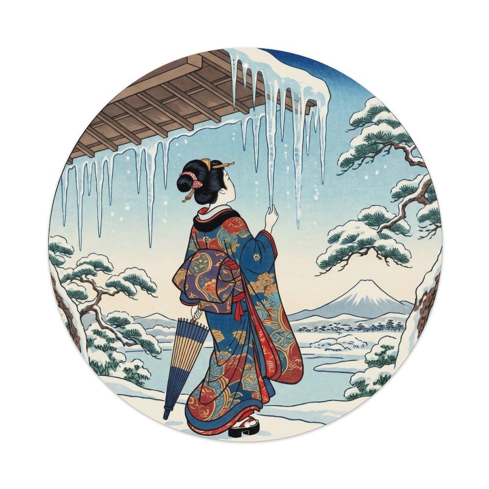 Galvaxio Style Japanese Kimono Woman Observing Icicles Hanging Down Metal Tin Sign