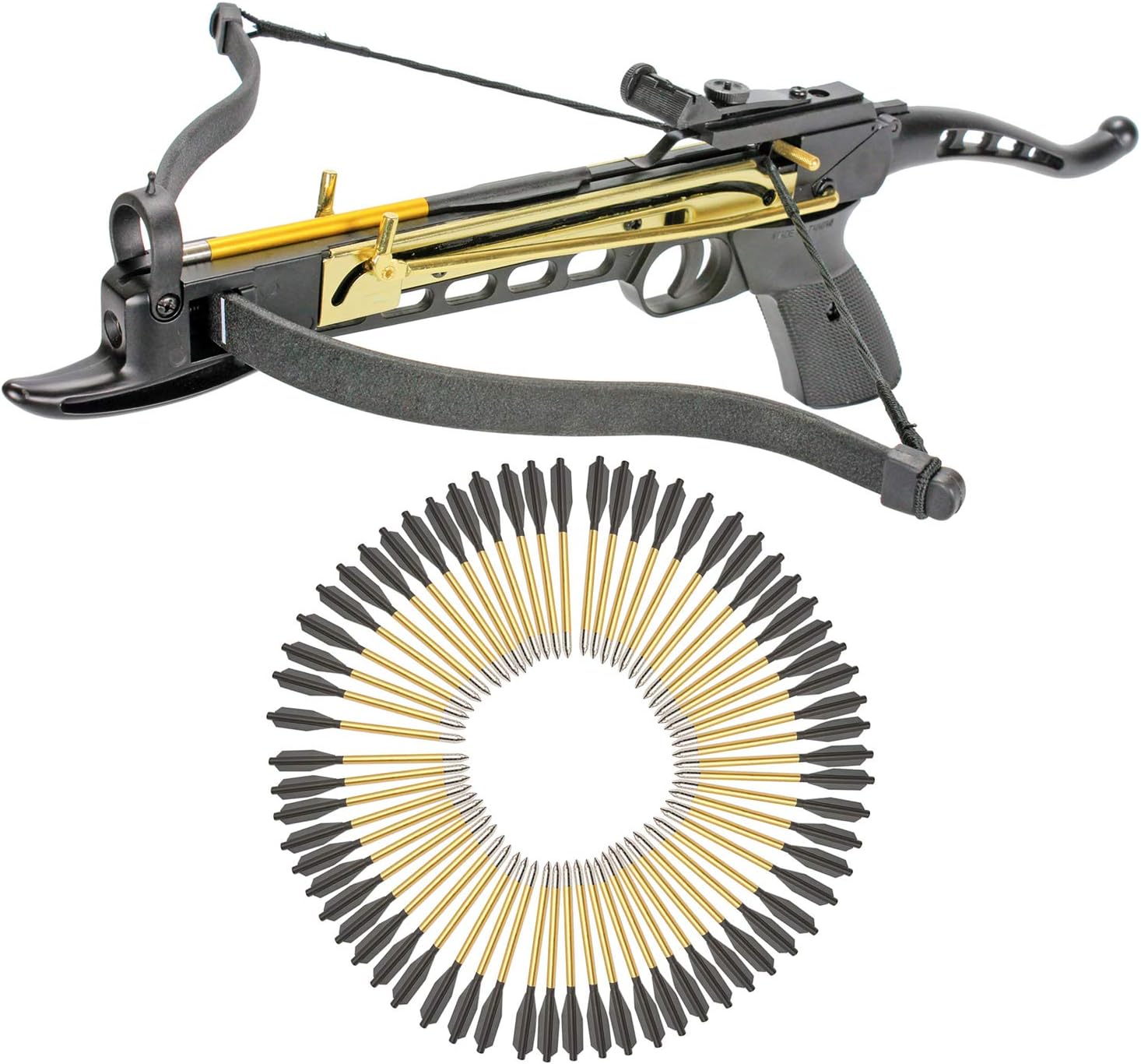 Pistol Crossbow Self-Cocking 80 LBS with Adjustable Sights and a Total of 63 Aluminim Arrow Bolt Set