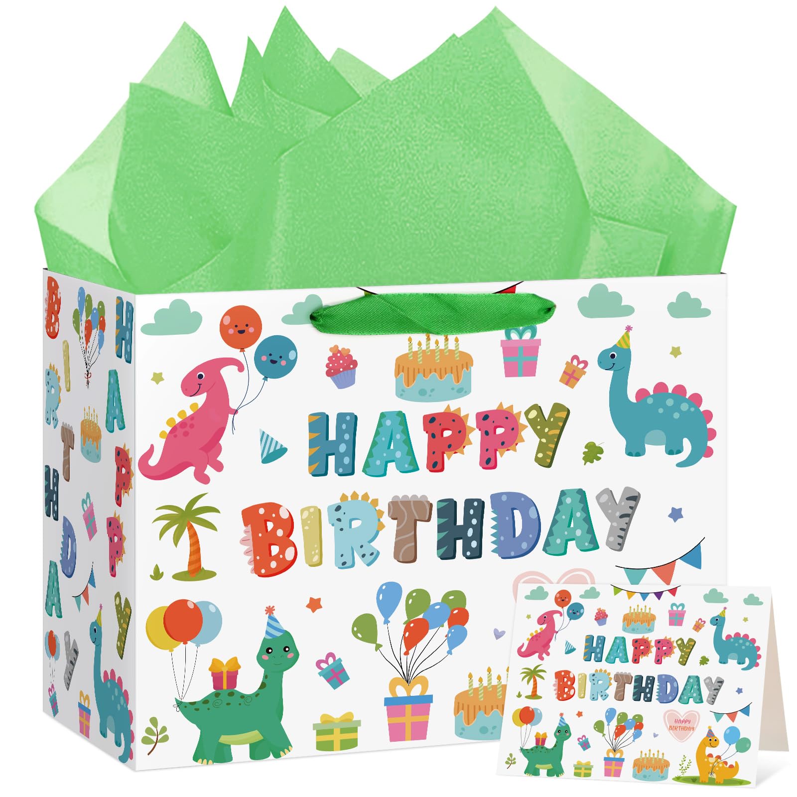 Hooqict Large Dinosaur Gift Bag Happy Birthday Gift Bag with Handles, Wrapping Tissue Paper and Greeting Cards for Kids Boys 1st 2nd 3rd Dinosaur Birthday Party Supplies Baby Showers