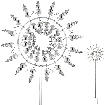 Unique and magical metal windmill 3D wind powered kinetic wind mill garden metal rustproof garden stake wind chime for patio lawn and garden decoration silver