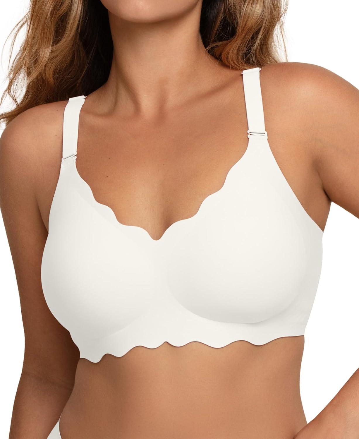 COMFELIE Seamless Wireless T-Shirt Bra for Women, Full Coverage No Underwire with Deep V Neck, U-Back & Lace Trim
