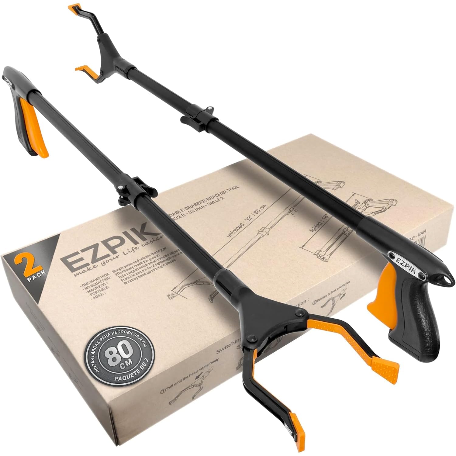 EZPIK® Pinza Recoger Basura 80 cm - Pinzas Extensibles para Personas Mayores - Palo con Imán Telescópico para Minusválidos y Ancianos - Pinza Recoger Objetos y Fruta [Color Negro, Pack 2]
