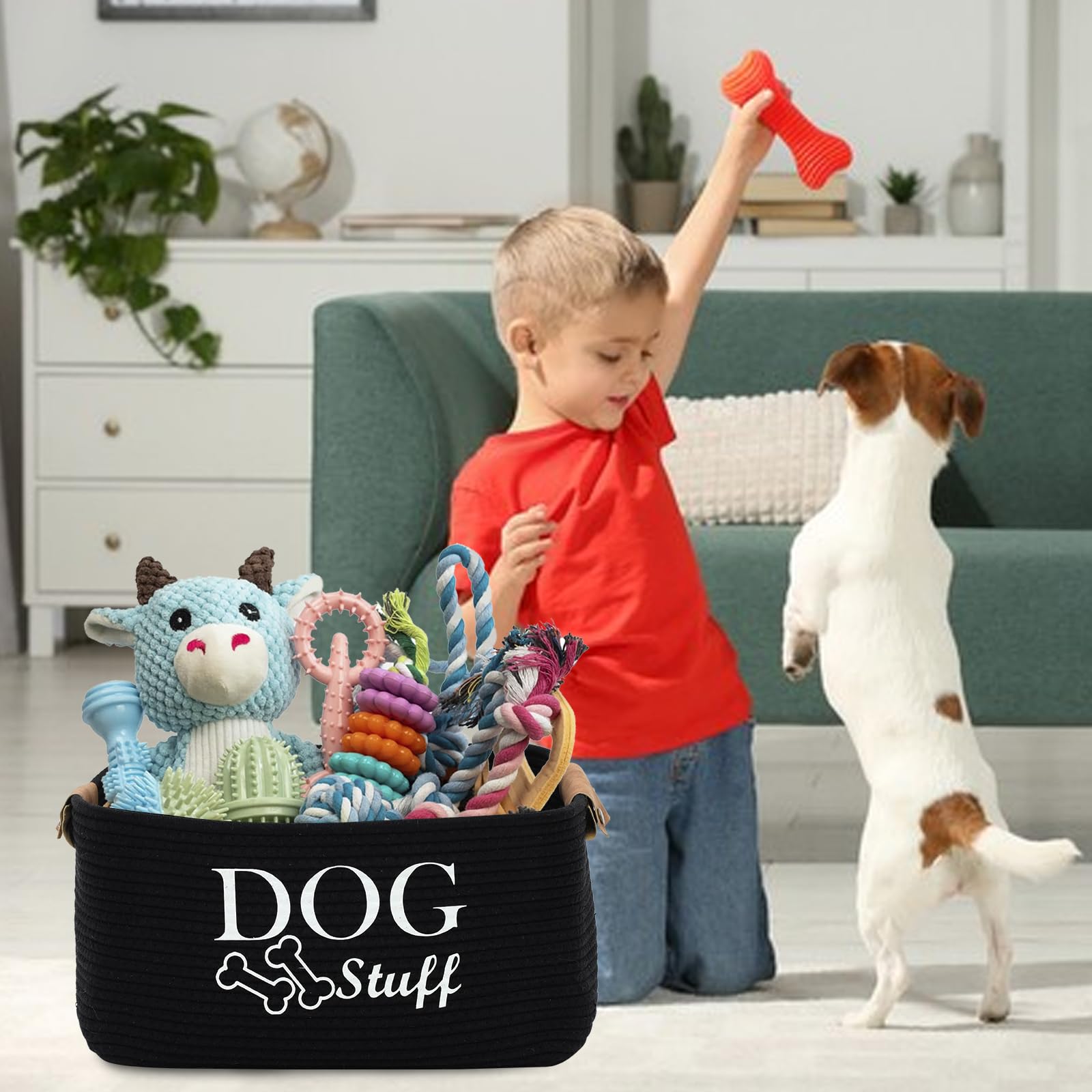 Geyecete-Cestino portaoggetti per giocattoli cani intrecciato in corda di cotone,Con manico in pelle,Portatile Cesto portaoggetti per giocattoli et vestiti/accessori per cane/gatti-Nero