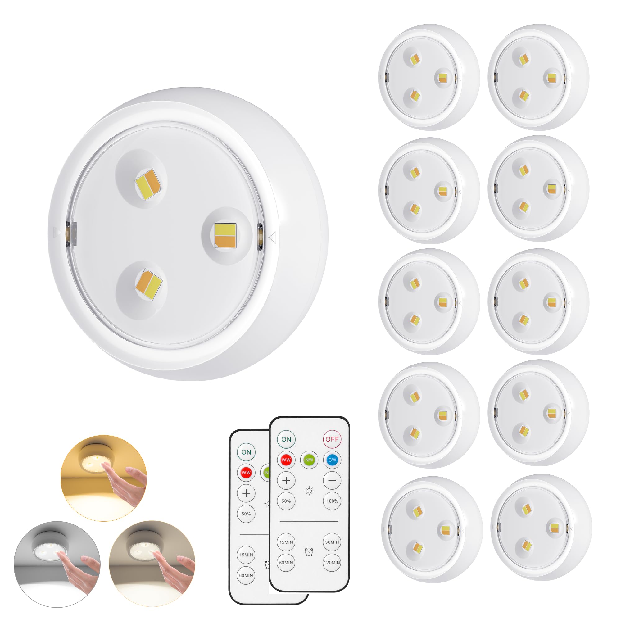 YLXS 10 Pack LED Puck Light with Remote, 3 Color Battery Operated Dimmable Push Tap Light, Portable Under Cabinet Lighting Stick On, for Closet Kitchen