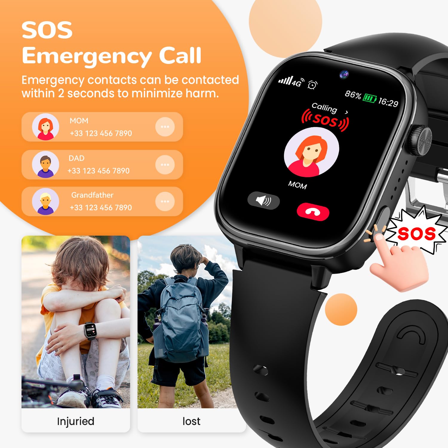 RUXINGX Montre Connectée Enfant avec GPS et Telephone Smartwatch 4G (Noir) | Appel Vidéo, Appel, SOS, Mode Classe, Podomètre, Appareil Photo, IP68 Étanche, Cadeau pour Garçons Filles
