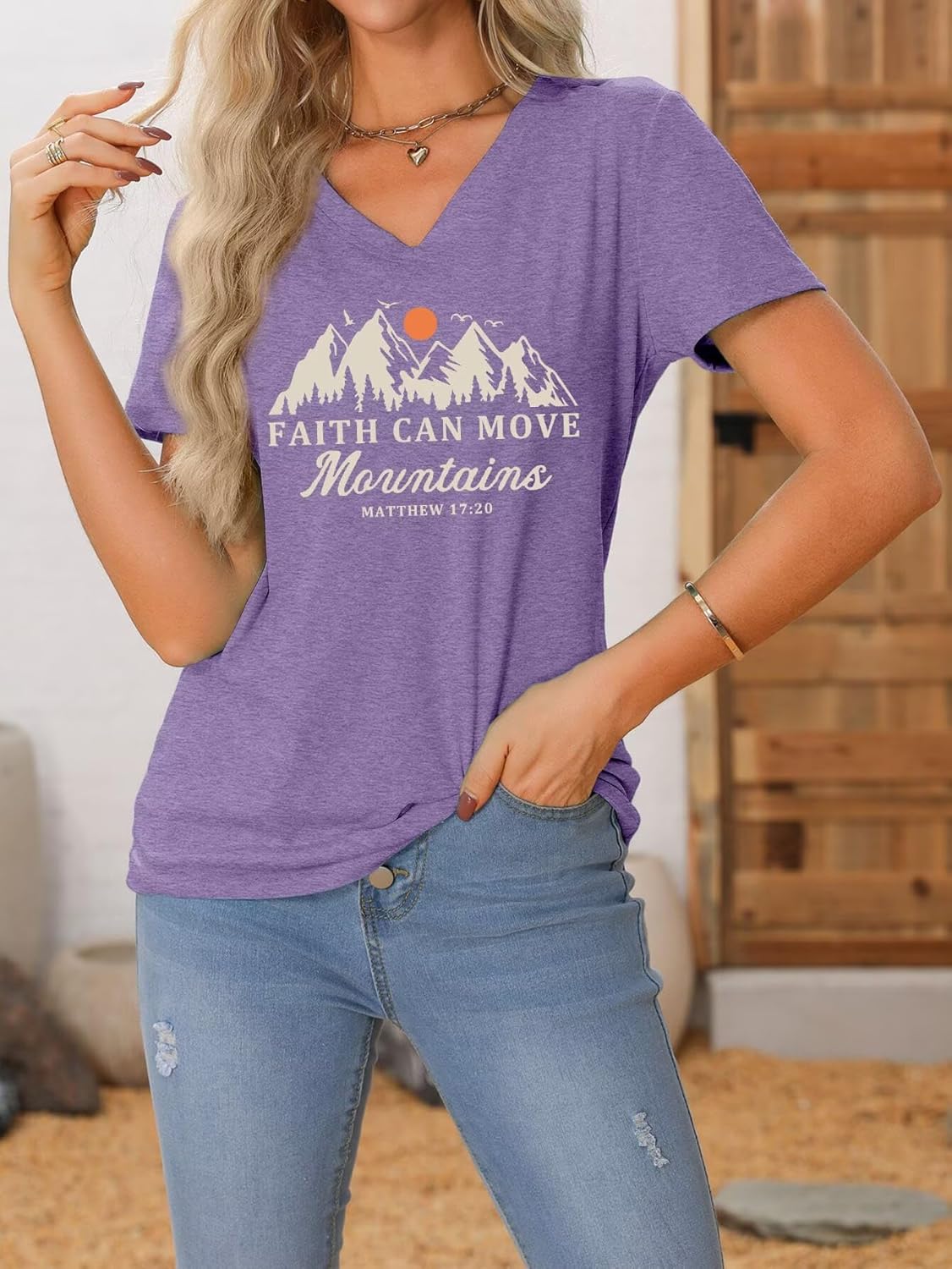 Faith Can Move Mountains Tshirt Women Christian V Neck Shirts Inspirational Tee Religious Saying Tops - Image 5
