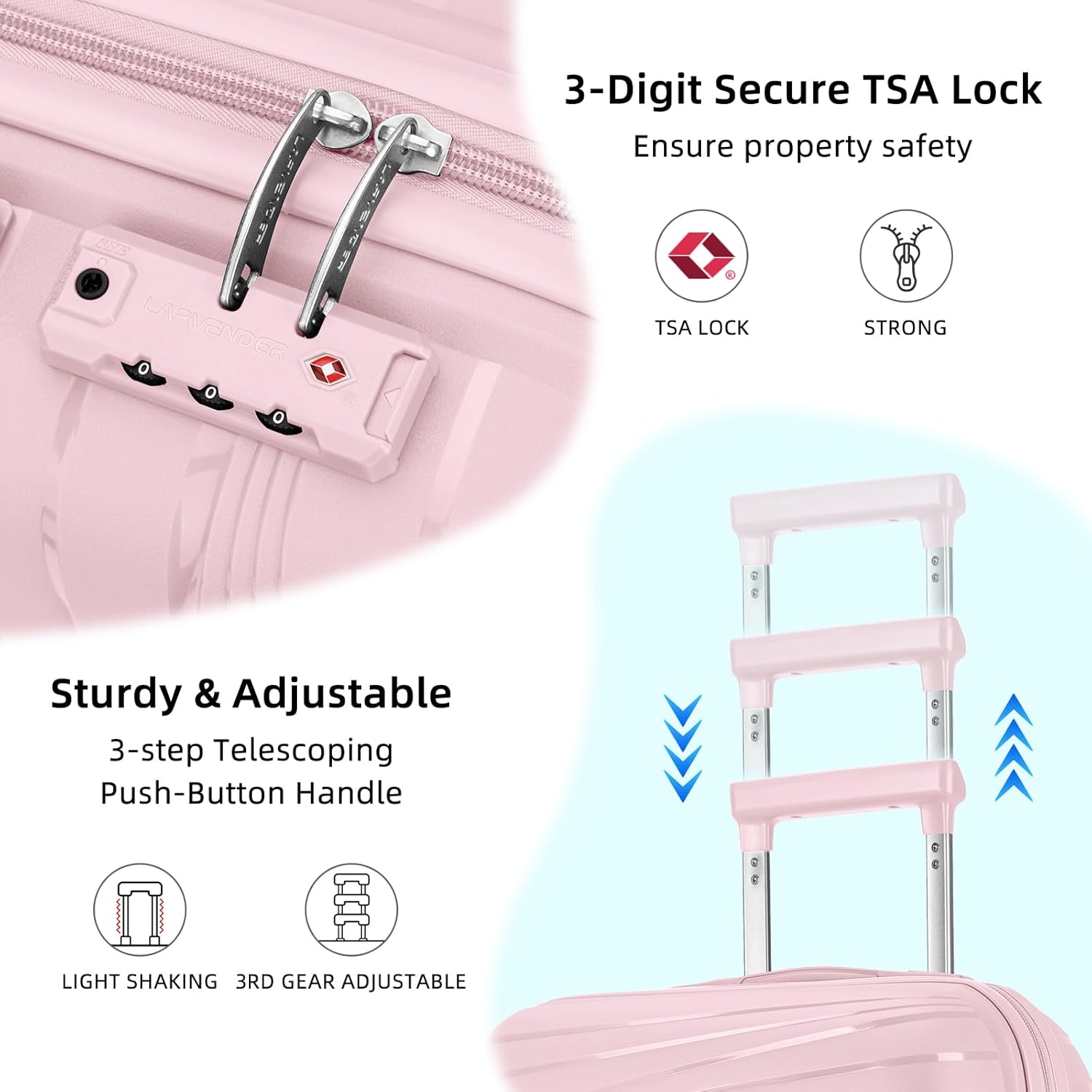 LARVENDER Luggage Sets 3 Piece, Expandable Carry On Luggage 22x14x9 Airline Approved, 20 Inch Hardshell & Lightweight PP Carry On Suitcase for Women with Spinner Wheels TSA Lock, Light Pink - Image 4