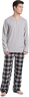 Cherokee Men's Pajama Set, Long Sleeve Cotton Top & Micro Fleece Pants, Breathable Cozy Loungewear